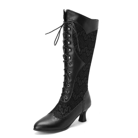 Black leather knee-high lace-up boot with a low heel and decorative lace panel.