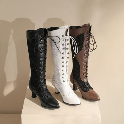 Three lace-up knee-high boots in black, white, and brown colors.