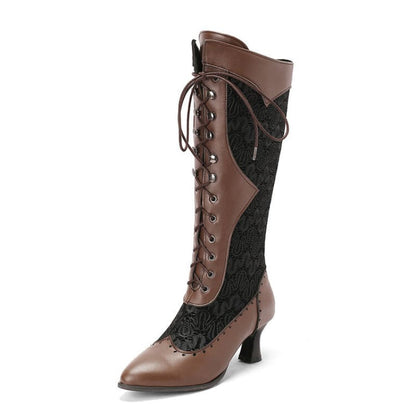 Victorian-style lace-up boot with a brown leather exterior and black lace overlay.