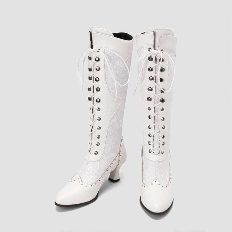 Victorian Style Steampunk Lace Pointed Toe Boots White / 34