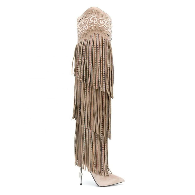 Vintage Crystal Embellished Fringe Cowboy Boots beige / 35