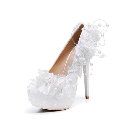 Luxurious Wedding Shoes with Lace Pearl Flower Detail High