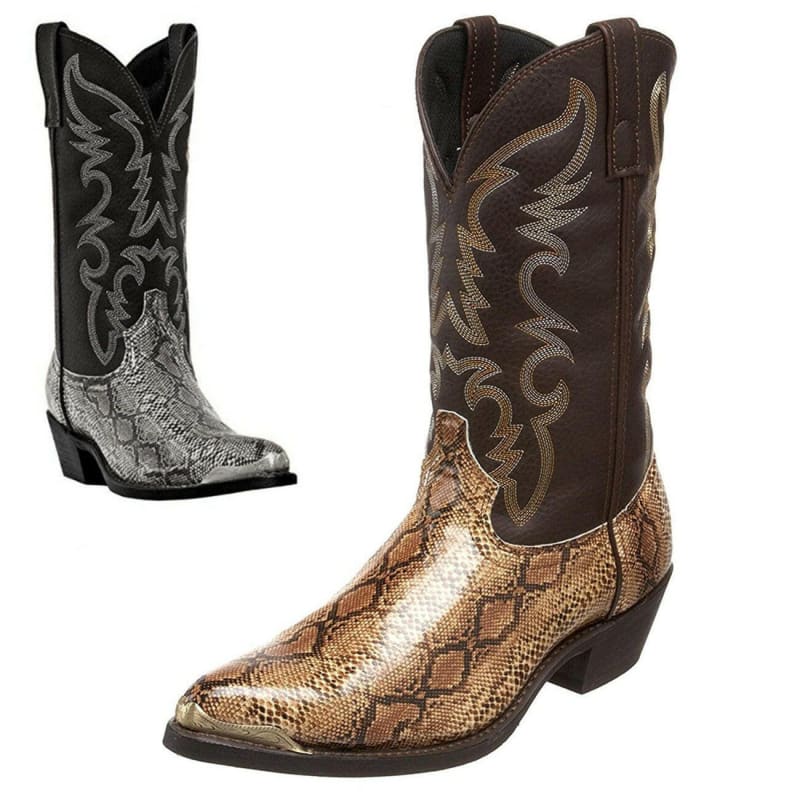 Western Cowboy Boots Snake Pattern Iron Toe Cap Casual