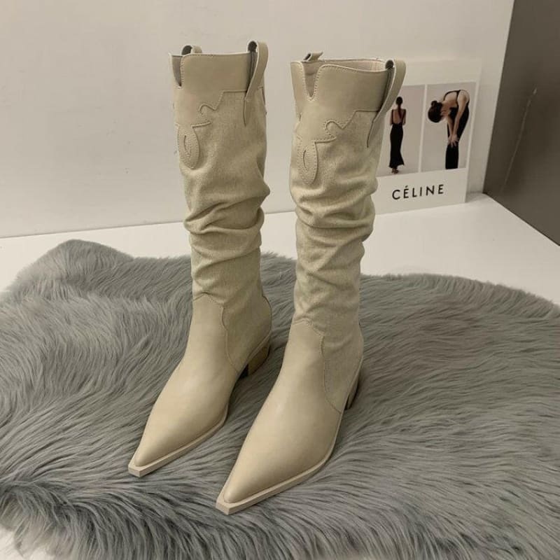 Western Cowboy Boots Low Heel Pointed Toe Knee High beige