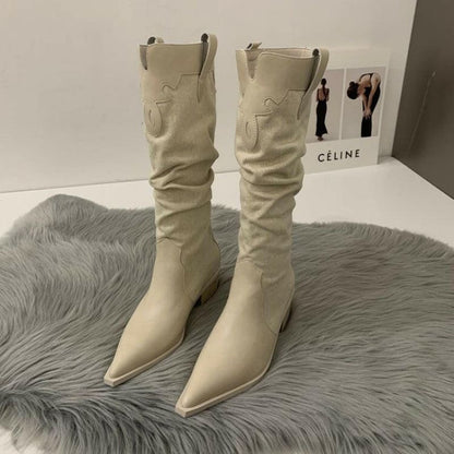 Western Cowboy Boots Low Heel Pointed Toe Knee High beige