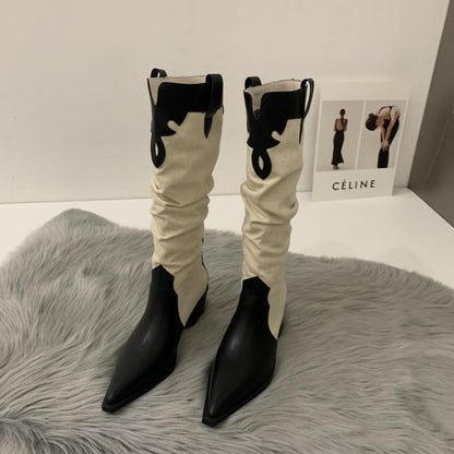 Western Cowboy Boots Low Heel Pointed Toe Knee High black