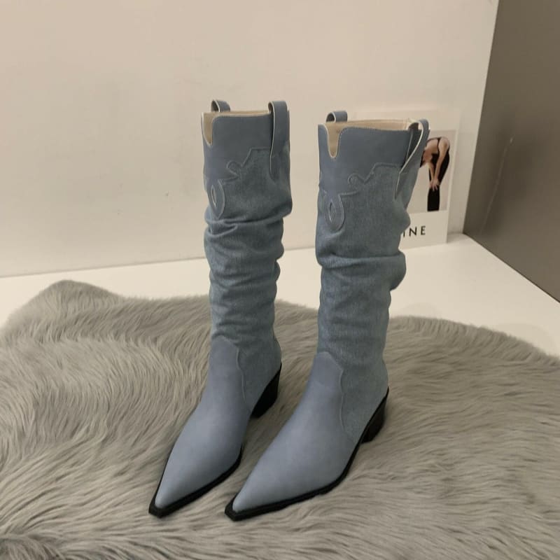 Western Cowboy Boots Low Heel Pointed Toe Knee High blue