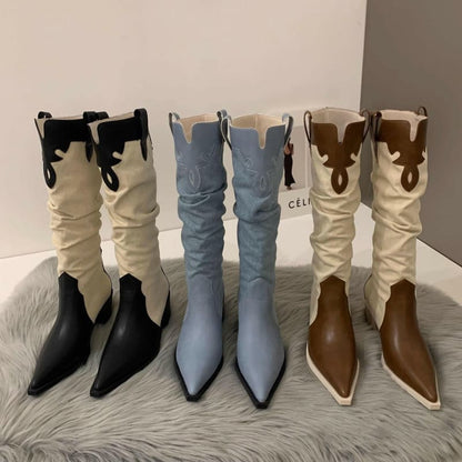 Western Cowboy Boots Low Heel Pointed Toe Knee High