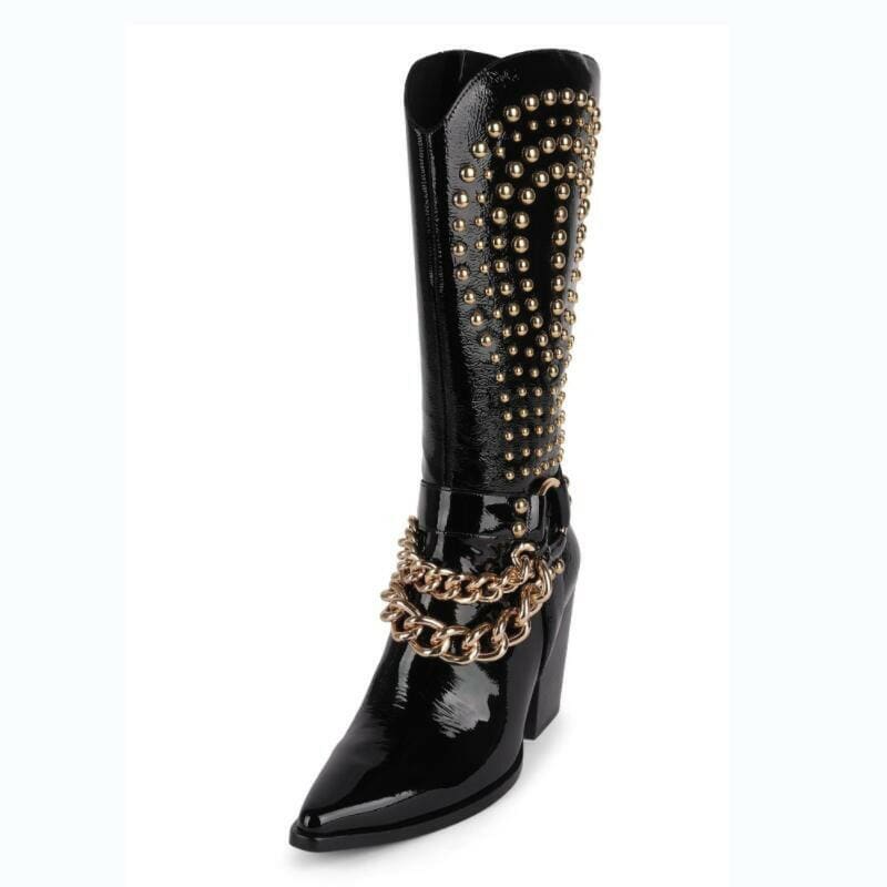 Western Cowboy Boots Black Patent Leather Rivet Buckle