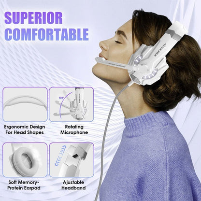 Headset-style device with a microphone and cushioned ear cups, advertised as ’Superior Comfortable’ with various features highlighted.