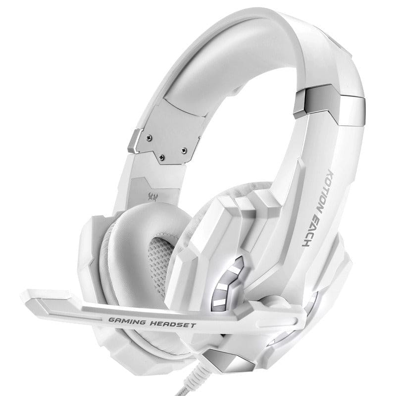 White gaming headset with a microphone attachment.