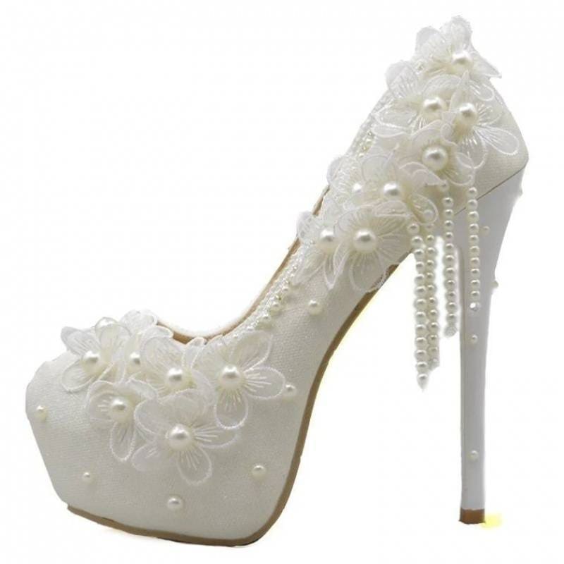 White Lace And Pearlflower High Heels Tassel Bridal Wedding Bridesmaid Shoes - Pleasures and Sins