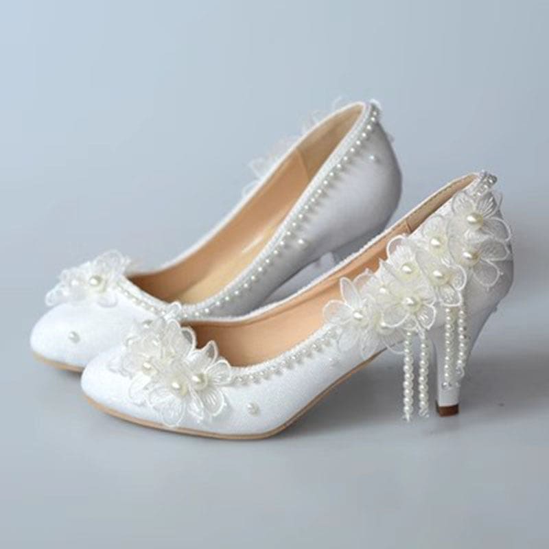 Pearlflower High Heels Tassel Bridal Wedding Shoes 5cm Heel