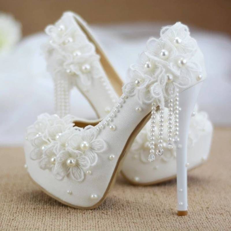 White Lace And Pearlflower High Heels Tassel Bridal Wedding Bridesmaid Shoes - Pleasures and Sins
