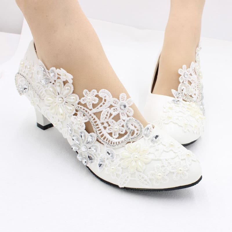White Lace and Rhinestone Wedding Shoes With a Choice of Heel Height - Pleasures and Sins