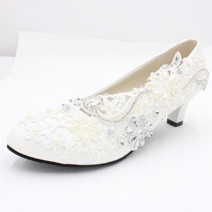 White Lace and Rhinestone Wedding Shoes with Choice of Heel