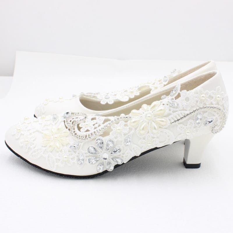 White Lace and Rhinestone Wedding Shoes with Choice of Heel