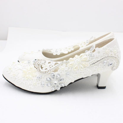 White Lace and Rhinestone Wedding Shoes with Choice of Heel