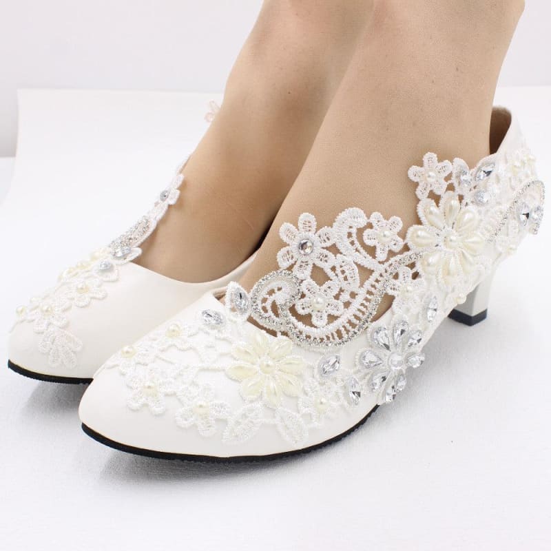 White Lace and Rhinestone Wedding Shoes with Choice of Heel