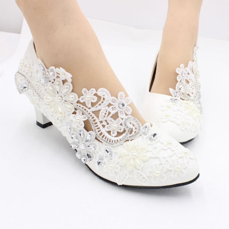 White Lace and Rhinestone Wedding Shoes with Choice of Heel