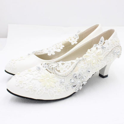 White Lace and Rhinestone Wedding Shoes with Choice of Heel