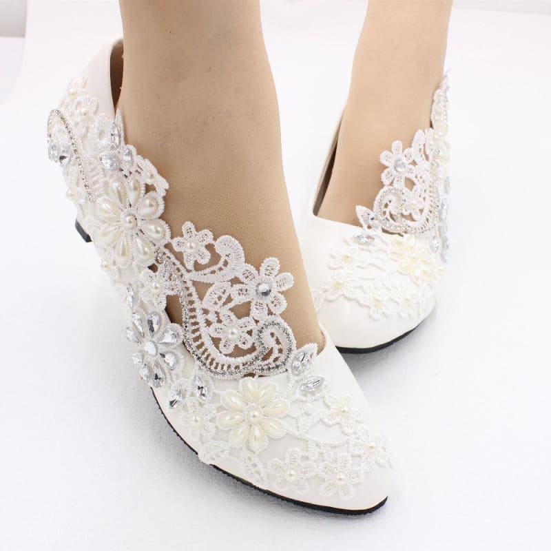 White Lace and Rhinestone Wedding Shoes with Choice of Heel