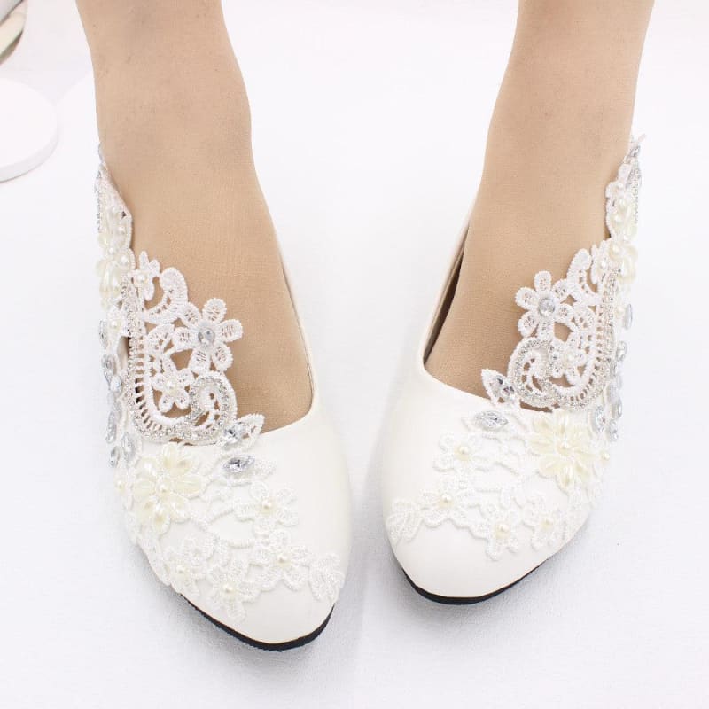 White Lace and Rhinestone Wedding Shoes with Choice of Heel