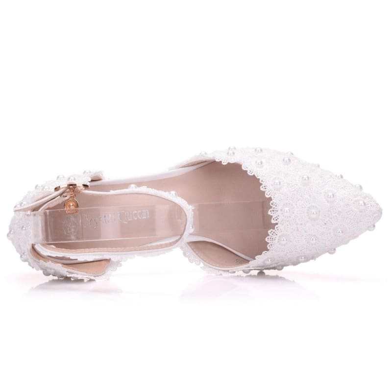 White Lace Wedding Shoes With Flower Tassel Detail - Pleasures and Sins