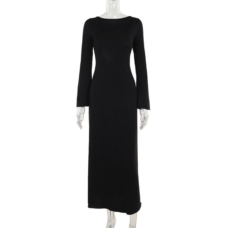 Long black maxi dress with long sleeves and a round neckline.