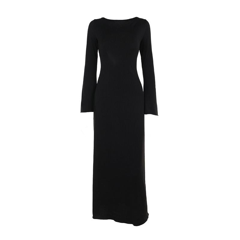 Long black maxi dress with long sleeves and a simple, fitted silhouette.