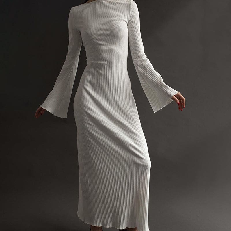 White ribbed knit dress with long bell sleeves and a fitted silhouette.