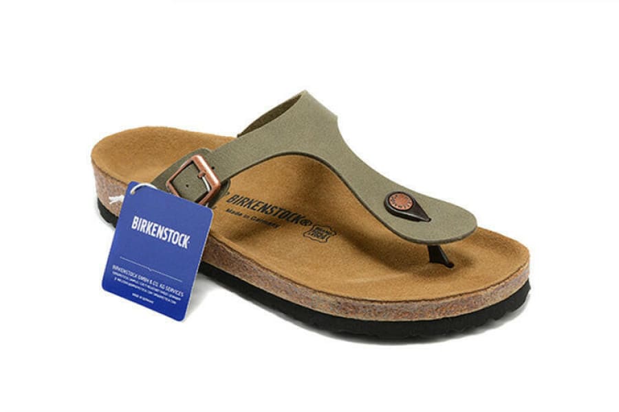 Olive green Birkenstock-style sandal with a thong design and adjustable strap.