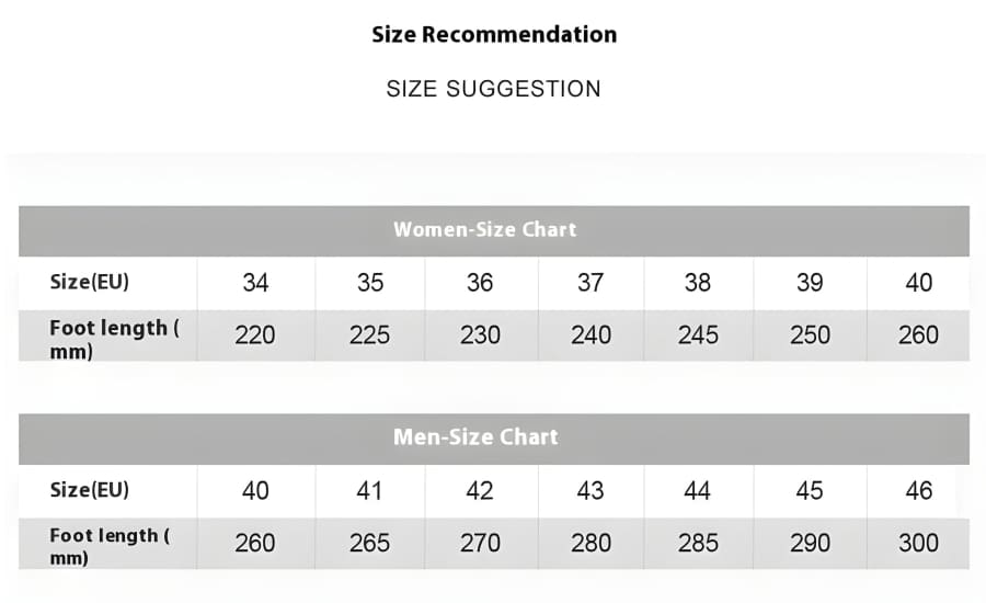 Size chart for women’s and men’s shoe sizes with corresponding foot lengths in millimeters.