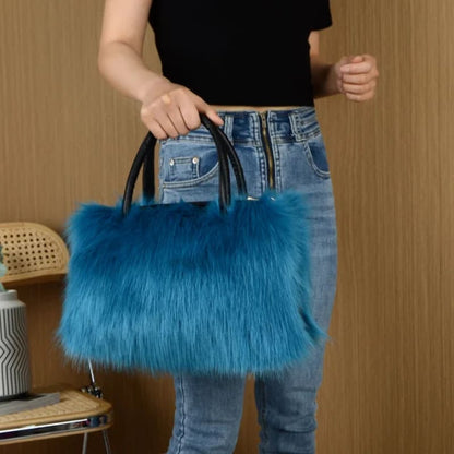 Winter Bright Color Faux Fur Fluffy Handbag Blue