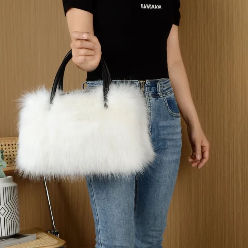 Winter Bright Color Faux Fur Fluffy Handbag WHITE