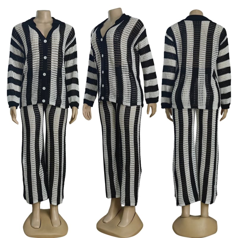 Striped black and white knit cardigan and pants set displayed on mannequins.