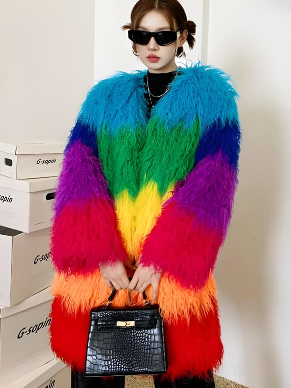 Shaggy Rainbow Outerwear Winter Faux Fur Coat