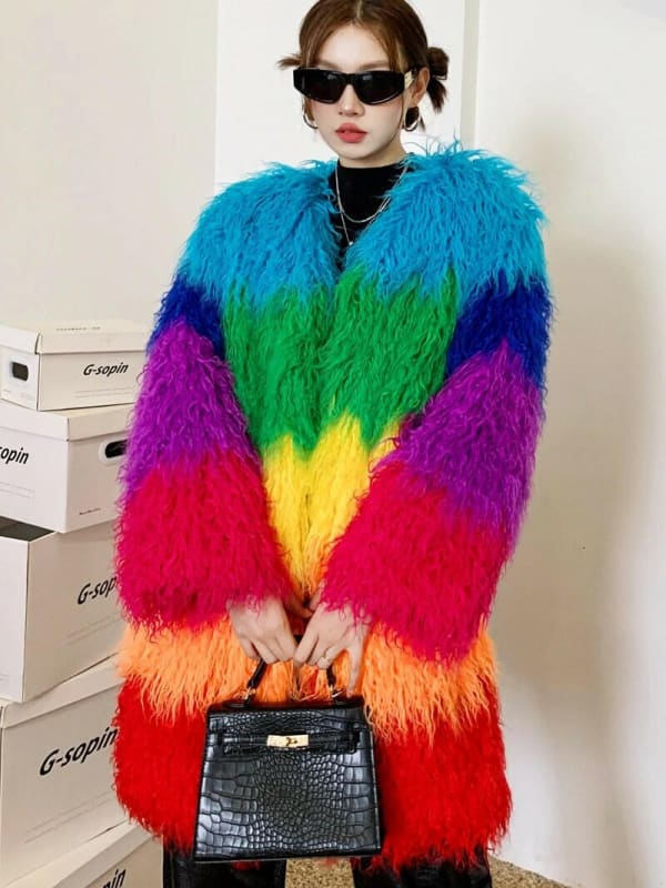 Shaggy Rainbow Outerwear Winter Faux Fur Coat