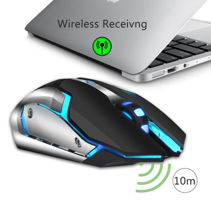 Wireless gaming mouse with blue LED accents and a 10-meter range indicator.