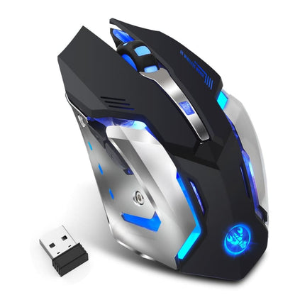 Wireless gaming mouse with blue LED lighting accents and a sleek black and silver design.