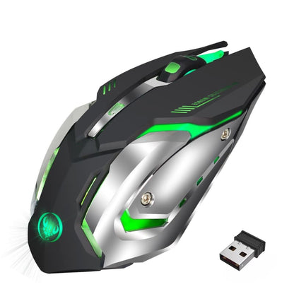 Wireless gaming mouse with black and silver design featuring green LED accents.