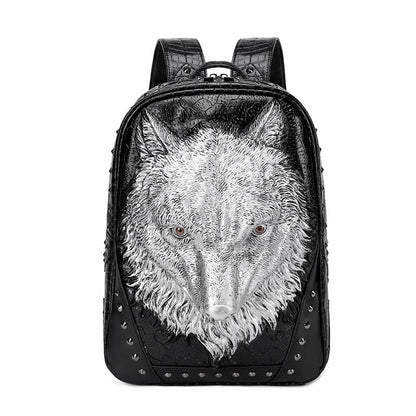 Black leather backpack featuring a prominent silver wolf head design on the front.