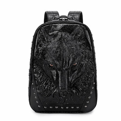 Black backpack with an embossed wolf head design on the front.