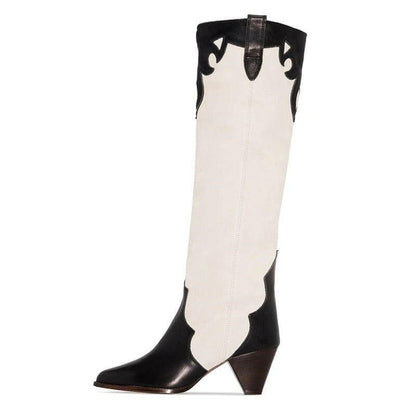 Women Patchwork Cowboy Boots High Fashion Retro Style white