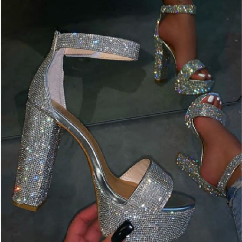Women's Fashion Thick High Heel Rhinestone Platform Strap Sandals - Pleasures and Sins