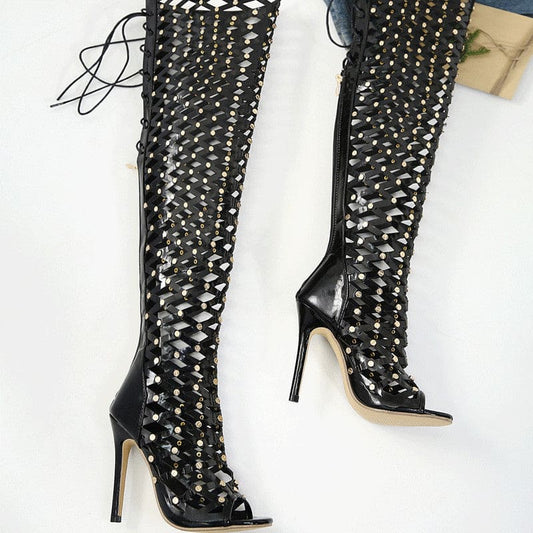 Women's Fashionable Hollowed-out Netted Design Rivet High Heel Sandal Boots - Pleasures and Sins
