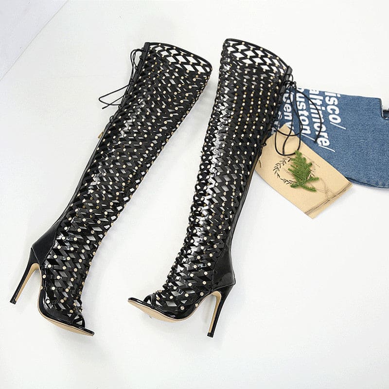 Women's Fashionable Hollowed-out Netted Design Rivet High Heel Sandal Boots - Pleasures and Sins