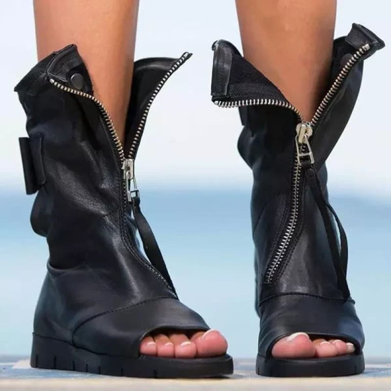 Women's Fish Mouth Front Zip Flat Bow Boots - Pleasures and Sins