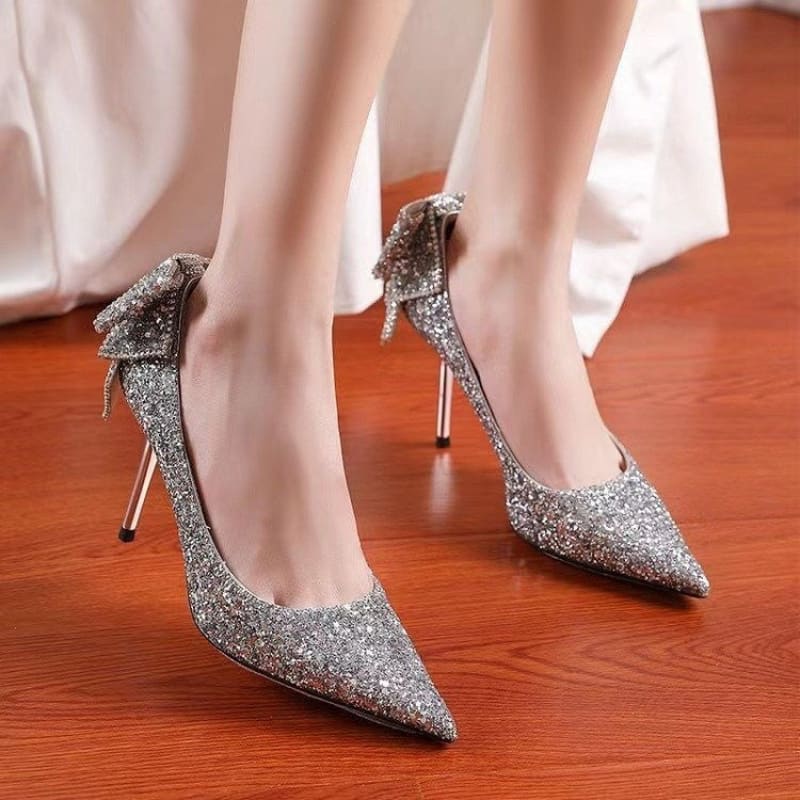 Women's Glittered, Sequined Pointed Low-cut High Heels With Side Bow Detail - Pleasures and Sins