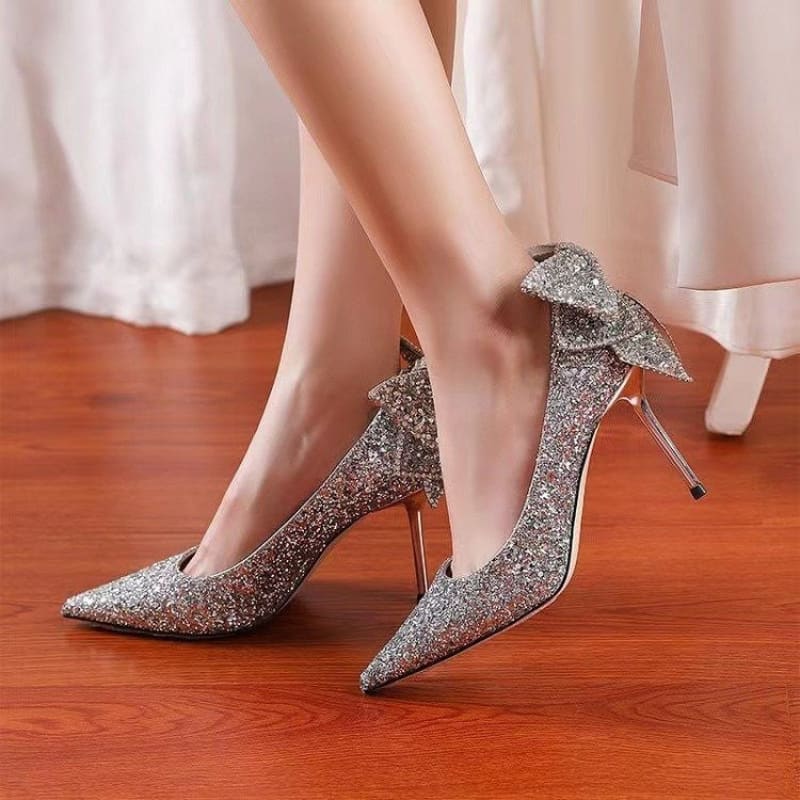 Women's Glittered, Sequined Pointed Low-cut High Heels With Side Bow Detail - Pleasures and Sins